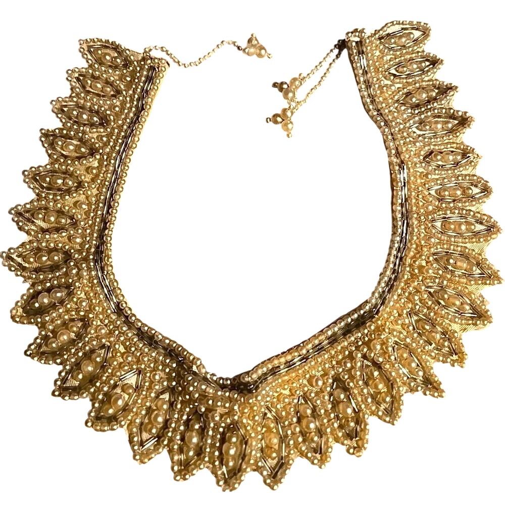 Vintage Faux Pearl Glass Beaded Satin Collar Necklace Hook Clasp 1940s